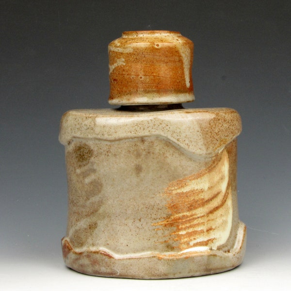 Flask - Shot Glass Lid - Cork - Gold Luster Shino - Whiskey - 6" x 5" x 3" - Goneaway Pottery - (FL2437)