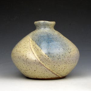 May include: A speckled ceramic vase with a rounded body and a narrow neck. The vase features a diagonal blue and cream color scheme with small black speckles. The base is a darker brown color.