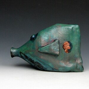 Raku Fish Fun Turquiose and Copper Mask Raku 4 x 3 x 6 Goneaway Pottery F111 image 3