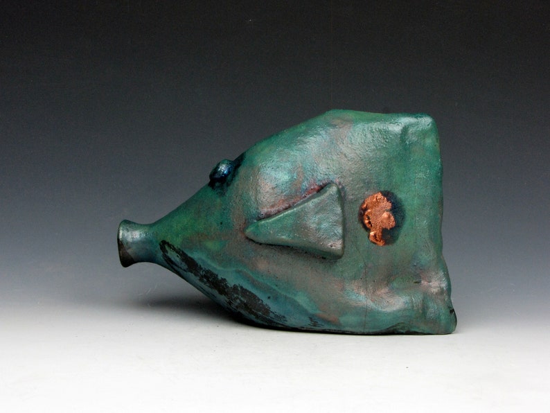 Raku Fish Fun Turquiose and Copper Mask Raku 4 x 3 x 6 Goneaway Pottery F111 image 3