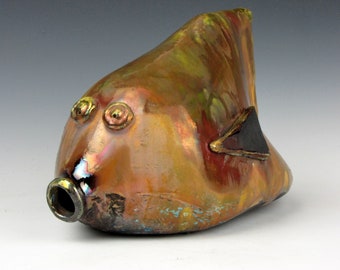 Raku Fish - Extra Large - Fun - Multi-colored - Raku - 6" x 5" x 8" - Goneaway Pottery - (F098)