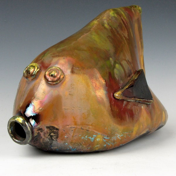 Raku Fish - Extra Large - Fun - Multi-colored - Raku - 6" x 5" x 8" - Goneaway Pottery - (F098)