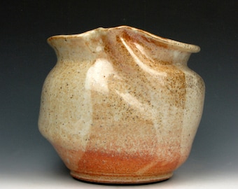 Vessel with Folded Rim and Finger - Shino - Vase - Shiny - Gold Luster Shino - 5.5" x 7" x 6" - Goneaway Pottery - (V4315)