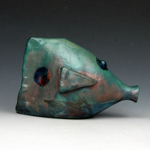 Raku Fish Fun Turquiose and Copper Mask Raku 4 x 3 x 6 Goneaway Pottery F111 image 6