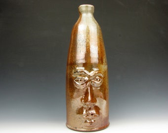 Face Jug "Leland" - Vase - Gold Luster Shino - Stoneware - 13" x 4" x 5" Goneaway Pottery - (FC3083)