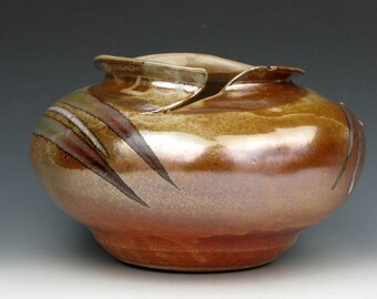 Wide Vessel with Split Rim - Shino - Vase - Shiny - Gold Luster Shino - 5.5" x 8" x 8" - Goneaway Pottery - (V4282)