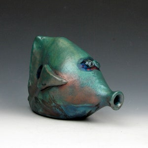 Raku Fish Fun Turquiose and Copper Mask Raku 4 x 3 x 6 Goneaway Pottery F111 image 7