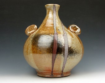Bottle with Handles - Gold Luster Shino - Stripes - Shiny - Ceramic - Vase - 8" x 6.5" x 6.5" - Goneaway Pottery - (BT2993)