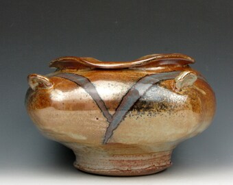 Wavy Pedestal Vessel - Loose Rim - Gold Luster Shino -  Four Handles - 4.5" x 8" x 7.5" - Goneaway Pottery - (V4187)