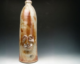 Face Jug "Wendel" - Vase - Gold Luster Shino - Stoneware - 14" x 4.5" x 5" Goneaway Pottery - (FC5671)