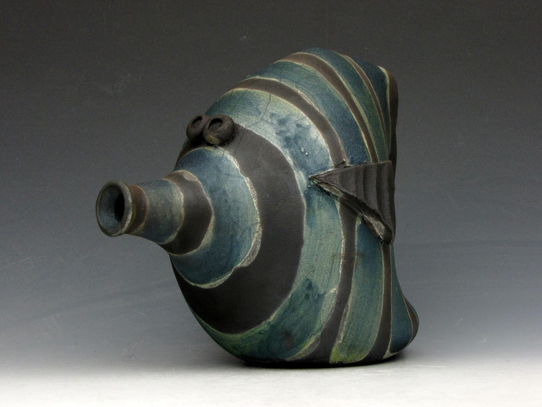 Raku Fish - Fun - Multicolored and Black Striped - Raku - 5.5