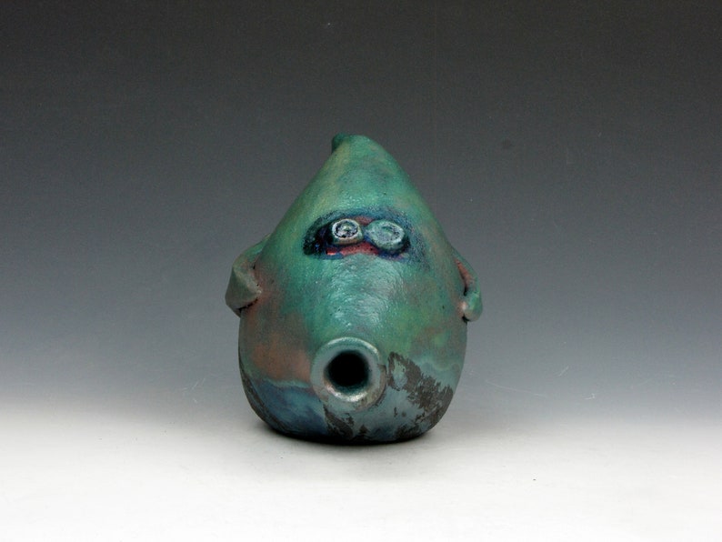 Raku Fish Fun Turquiose and Copper Mask Raku 4 x 3 x 6 Goneaway Pottery F111 image 8