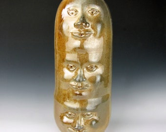 Three Face Pot - Large - Faces - Stoneware - Shino - Gold Luster Shino - Vase - 17 " x 7" x 8" - Goneaway Pottery - (FC8948)