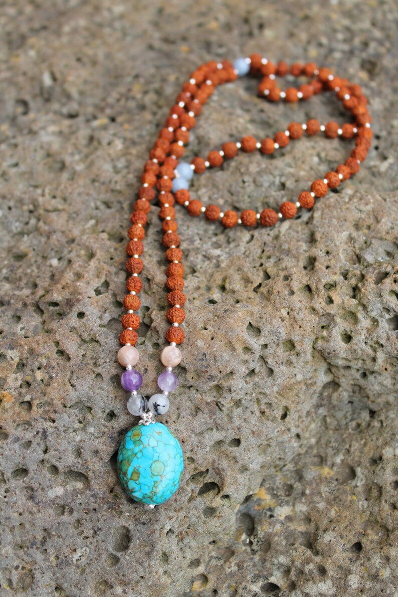 Amethyst Sunstone and Rutilated Quartz 108 Genuine Rudraksha Beads Turquoise Angelite The Gratitude Mala