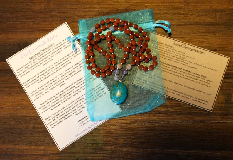 Amethyst Sunstone and Rutilated Quartz 108 Genuine Rudraksha Beads Turquoise Angelite The Gratitude Mala
