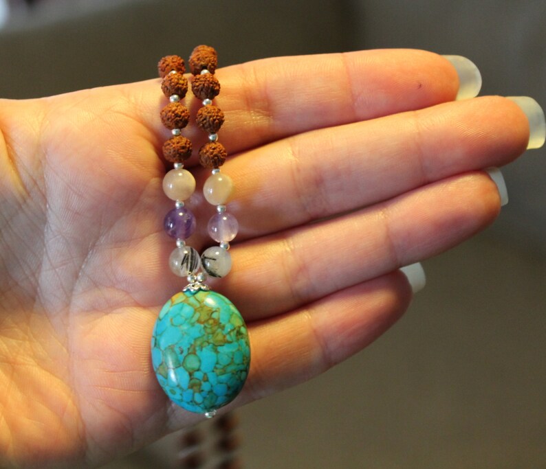 Amethyst Sunstone and Rutilated Quartz 108 Genuine Rudraksha Beads Turquoise Angelite The Gratitude Mala