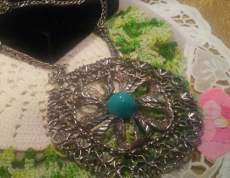 Silver and Faux Turquoise Statement Necklace image 2