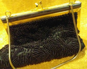 Black Hand Beaded Evening Bag With Grey Pearlized Lucite Top Frame