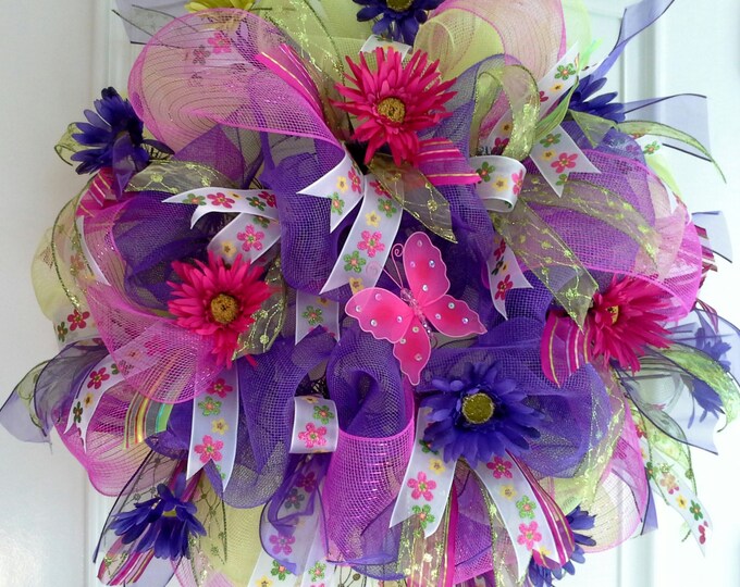 ON SALE Deco Mesh Wreath With Purple/lime Mesh Glitter Etsy
