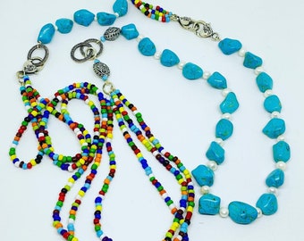 Turquoise Blue And Multicoloured Necklace And Bracelet.