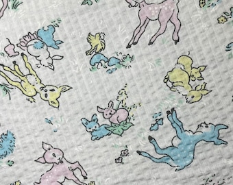 Vintage Seersucker 100% Cotton Fabric 1970s Pastel Pink Green Blue Yellow Baby Animals Bambi Bunnies Rabbits Birds Cute Retro Baby Fabric