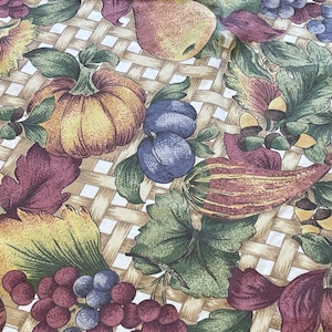 Vintage Cotton Tablecloth Vegetables Fruit Pumpkin Grapes Acorn Pears Autumn Print Dining Kitchen Caravan Camping Picnic Table Cover Throw