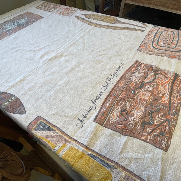 Vintage Cream Linen Rectangular Tablecloth Australian Aboriginal Spear Woomera Bark Paintings Kangaroo Wallhanging Dining Supper Table Cloth