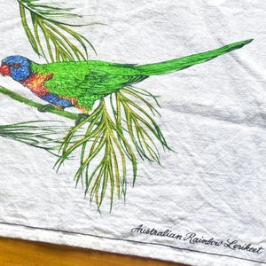 May include: A white tea towel featuring a green and blue Australian Rainbow Lorikeet bird perched on a branch of green leaves. The text "Australian Rainbow Lorikeet" is printed in black at the bottom of the towel.