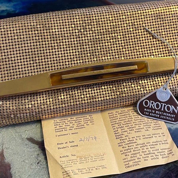 RARE Vintage Antique Oroton Gold Aluminium Mesh & Tortoise Shell Clutch Purse Evening Bag Authenticated Certificate 1979 Original Swing Tag