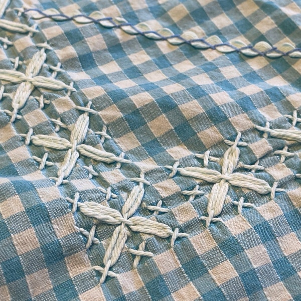 Vintage Blue White Check Gingham Tablecloth Cross Stitched