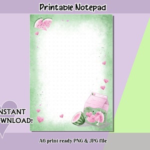 Könnte beinhalten: Ein druckbarer Notizblock mit Aquarelldesign. Der Notizblock hat einen hellgrünen Rand, ein gepunktetes Raster und Illustrationen von Wassermelonenscheiben, Herzen und einem Karton mit Wassermelonensaft. Text enthält "Printable Notepad" und "Instant Download!"