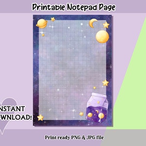 Könnte beinhalten: Druckbare Notizbuchseite mit Galaxie-Thema. Die Seite hat ein Rastermuster und ist mit Sternen, Planeten und einer Mondsichel verziert. Der Text "Printable Notepad Page" befindet sich oben auf der Seite. Der Text "Instant Download!" befindet sich in Herzform unten links auf der Seite. Der Text "Print ready PNG & JPG file" befindet sich unten in der Mitte der Seite.