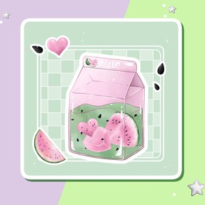 Könnte beinhalten: Ein Aufkleber mit einem rosa Karton mit der Aufschrift "MELON", gefüllt mit Wassermelonenstücken und herzförmigen Stücken in einer grünen Flüssigkeit. Eine Wassermelonenscheibe und schwarze Samen sind ebenfalls abgebildet.