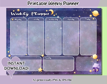 May include: A printable weekly planner with a space theme. The design features a dark blue background with a galaxy pattern, stars, and planets. The planner includes sections for each day of the week, with the text "Weekly Planner" at the top and "Instant Download!" in a heart shape.