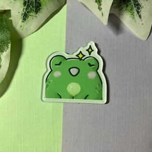 Könnte beinhalten: Ein grüner Frosch-Aufkleber mit weißem Rand. Der Frosch hat geschlossene Augen, eine kleine Nase und einen hellgrünen Bauch. Zwei gelbe Sterne befinden sich über dem Kopf des Frosches. Der Aufkleber befindet sich auf einem grünen und grauen Hintergrund.