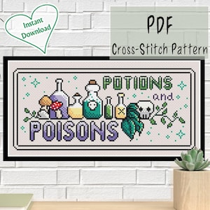 Könnte beinhalten: Ein Kreuzstichmuster mit den Worten "POTIONS and POISONS" und Illustrationen von Zaubertränken, Pilzen, einem Totenkopf und Blättern. Das Design ist schwarz umrandet und enthält den Text "PDF Cross-Stitch Pattern".