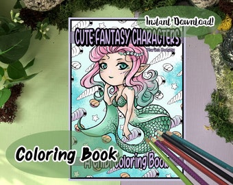 May include: A coloring book titled "Cute Fantasy Characters" featuring a mermaid illustration with pink and teal hair and a teal tail. The cover includes the text "Instant Download!" and "Coloring Book". Colored pencils are visible.