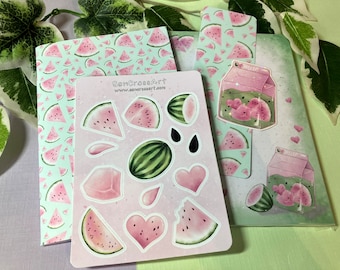 Set di cancelleria a forma di anguria, blocco note A6, quaderno A6, segnalibro, foglio di adesivi, adesivo glitterato