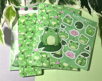 Cute Frog Stationery Bundle, A6 Memo Pad, A6 Notebook, Bookmark, Sticker Sheet, Frogs Stickers