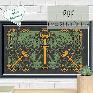 Könnte beinhalten: Ein gerahmtes Kreuzstichmuster mit einem symmetrischen Design aus grünen Drachen, goldenen Schwertern und einer Krone auf dunklem Hintergrund. Die Worte "PDF Cross-Stitch Pattern" werden angezeigt. Eine herzförmige Grafik sagt "Sofort-Download".