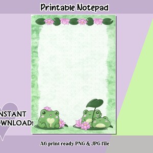 Könnte beinhalten: Druckbarer Notizblock mit grünem Aquarellrand und gepunktetem Innenraum. Der Notizblock zeigt Cartoon-Frösche, Seerosen und rosa Lotusblumen. Der Text enthält "Printable Notepad" und "INSTANT DOWNLOAD!"