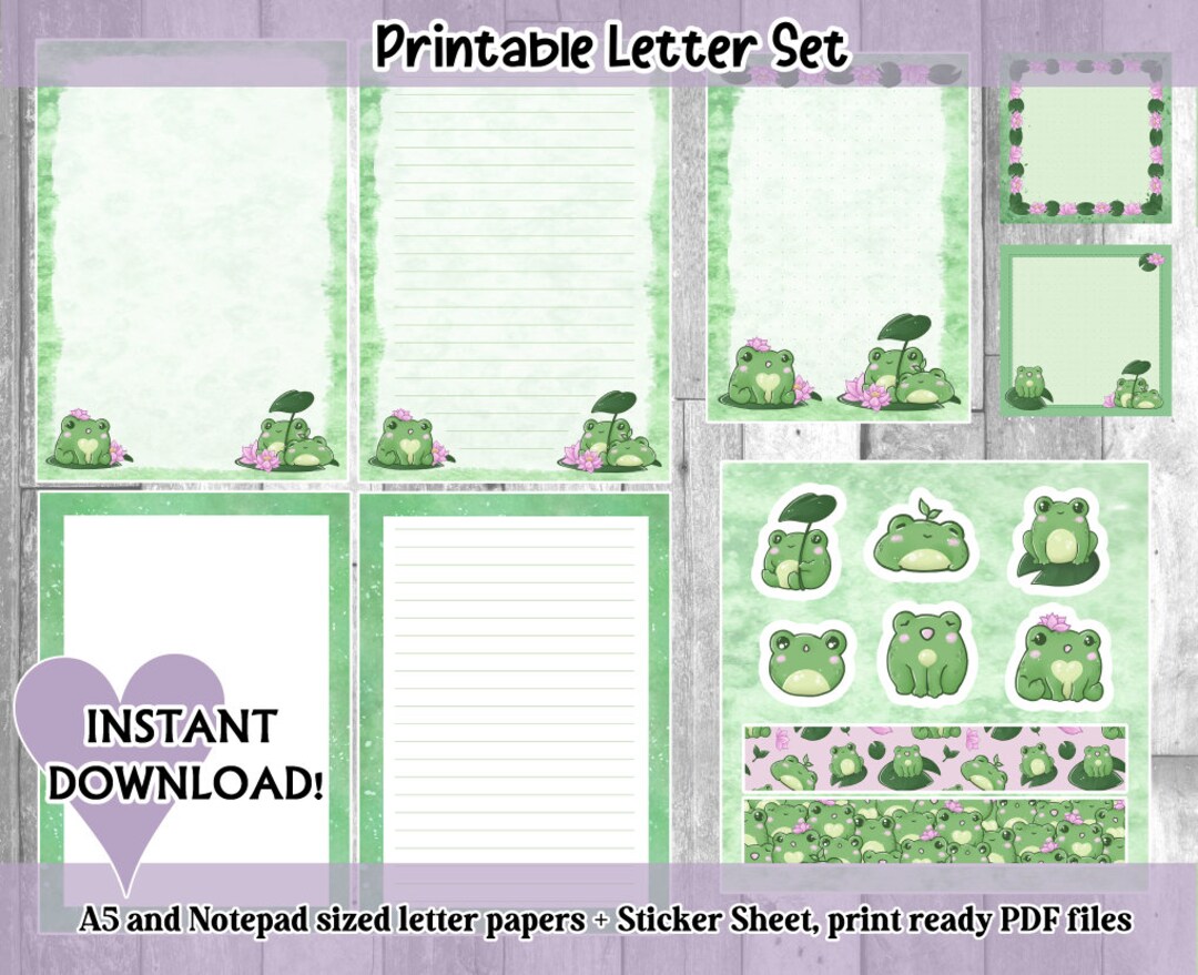 Printable Cute Letter Set, Frog Letter Set, 12 Piece Penpal Set Etsy