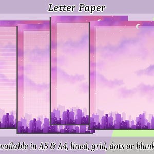 Könnte beinhalten: Briefpapier mit einem lila-rosa Himmelsdesign, das eine Stadtsilhouette am unteren Rand zeigt. Das Papier ist in den Größen A5 und A4 erhältlich, mit linierten, karierten, gepunkteten oder leeren Optionen. Der Text "Letter Paper" steht oben.