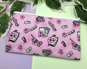 Cute Cherry Blossom Stationery Zipper Pouch, useful as a Purse, Wallet, Pencil Pouch, Makeup Bag, Travel Pouch and more