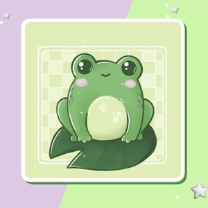 Könnte beinhalten: Ein grüner Comic-Frosch mit großen Augen sitzt auf einem grünen Seerosenblatt. Der Frosch lächelt und hat einen hellgrünen Bauch. Das Seerosenblatt ist von einem weißen Gitter umgeben.