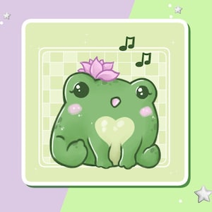 Könnte beinhalten: Ein grüner Cartoon-Frosch mit einer rosa Blume auf dem Kopf singt. Der Frosch sitzt auf einem grün-weißen Gitterhintergrund. Das Bild ist von einem weißen Rahmen umgeben.