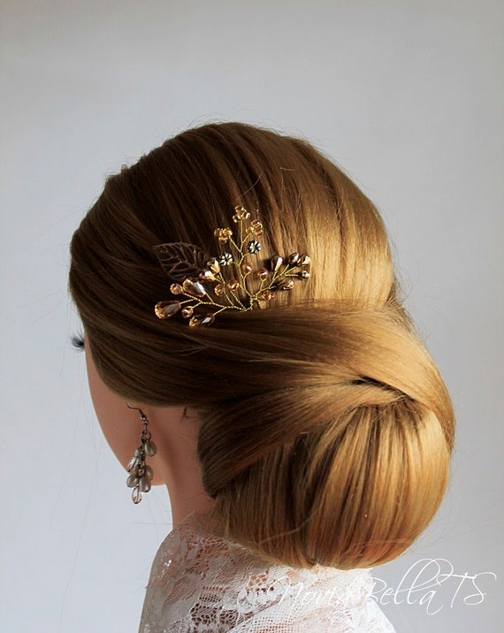Gold Bridal Hair Pins Brown Crystals Leaf Wedding Pins Etsy