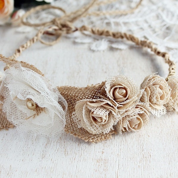 Couronne de mariage rustique, couronne de toile de jute, pays mariée Halo Boho Couronne, bandeau Woodland, Shabby Chic Halo, Halo rustique toile de jute morceau de cheveux