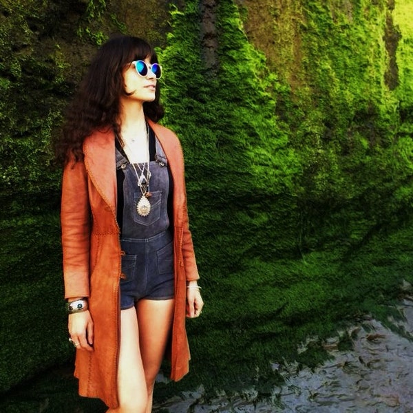 Vintage 60 ' s beurre brun cuir North Beach Whipstitch trench-coat Duster fouet Stitch veste petit Almost Famous Boho Hippie Festival