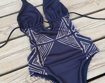 Sexy One Piece Swimsuit For Women, Black Cutout Swimsuit, Tribal Geometric Bathing Suit